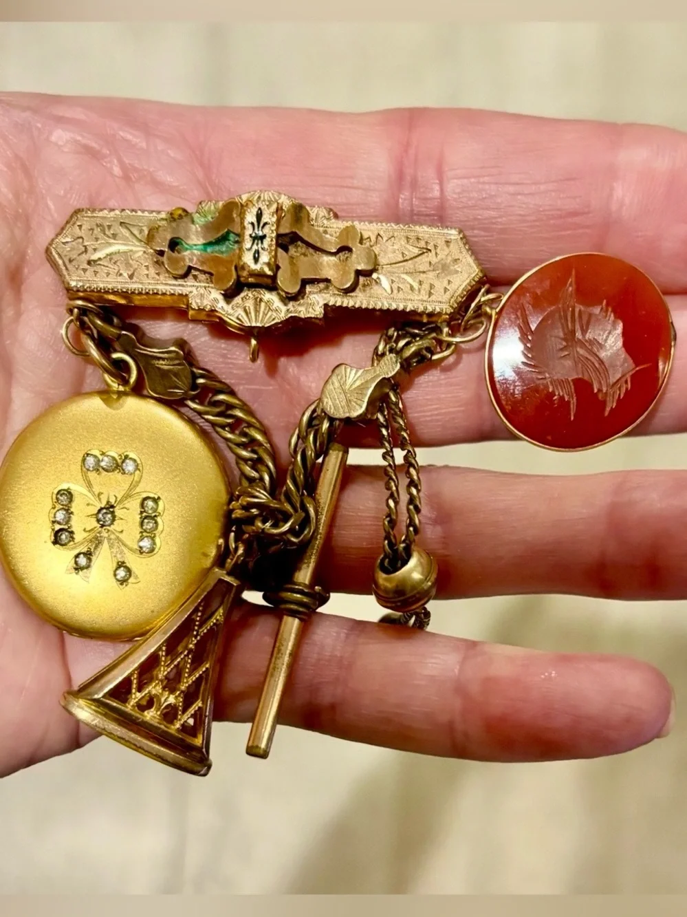 Antique Victorian 19thC Gold Chatelaine Brooch Locket Carnelian Fob Pin